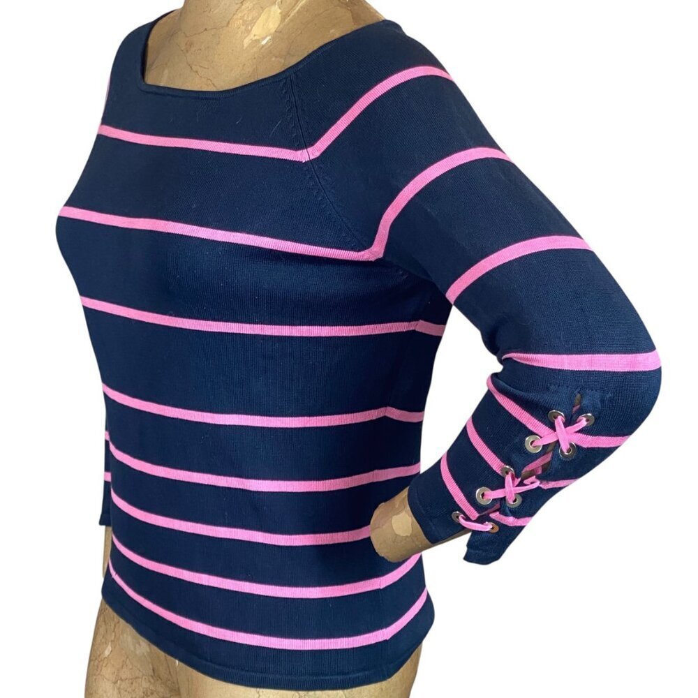 Carlisle Silk Blend Boat-Neck Striped Knit Top Sz L Navy Pink #288M - Picture 3 of 7